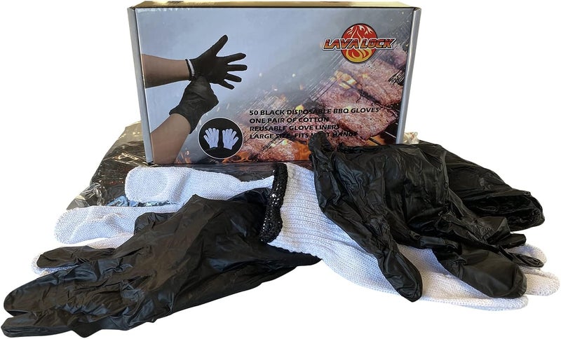 LavaLock Disposable Nitrile BBQ Gloves with Cotton Liners for Outdoor Cooking Grilling Smokers and Barbecue Competition, Chef or Kitchen use (Large 50 Count Black) - Image 2
